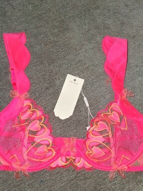 For Love And Lemons Hot Pink Embroidered Heart Lace Bra